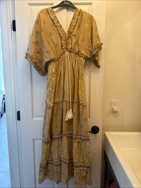 Boho St. Barts Tiered Maxi Dress in Mustard with shelled Tassel Tie